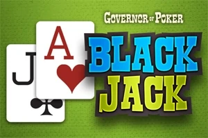 Kaksi pelikorttia, patajätkä ja herttaässä, vihreällä taustalla tekstin Black Jack kanssa
