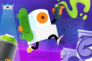 Robottimainen hahmo kantaa skeittilautaa ja suihkuttaa spraymaalia, taustalla on kaupunkinäkymä