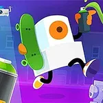 Robottimainen hahmo kantaa skeittilautaa ja suihkuttaa spraymaalia, taustalla on kaupunkinäkymä
