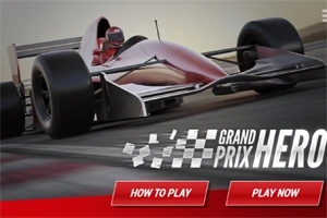 Punainen kilpa-auto radalla etuviistosta, tekstillä Grand Prix Hero ja kahdella punaisella painikkeella alareunassa