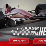 Punainen kilpa-auto radalla etuviistosta, tekstillä Grand Prix Hero ja kahdella punaisella painikkeella alareunassa