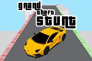 Keltainen urheiluauto seisoo harmaalla ajoradalla, ja kuvassa on teksti grand theft stunt