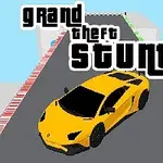 Keltainen urheiluauto seisoo harmaalla ajoradalla, ja kuvassa on teksti grand theft stunt