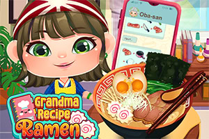 Piirroshahmo, jolla on vihreät silmät ja punavalkoinen päähuivi, seisoo hymyillen suuren ramen-kulhon vieressä, taustalla näkyy puhelinresepti ja keittiövälineitä