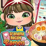 Piirroshahmo, jolla on vihreät silmät ja punavalkoinen päähuivi, seisoo hymyillen suuren ramen-kulhon vieressä, taustalla näkyy puhelinresepti ja keittiövälineitä