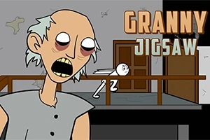 Sarjakuvamainen vanha nainen suu auki seisoo etualalla tummassa huoneessa, taustalla nukkuva tikku-ukko ja teksti GRANNY JIGSAW