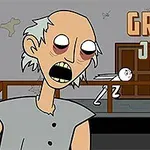 Sarjakuvamainen vanha nainen suu auki seisoo etualalla tummassa huoneessa, taustalla nukkuva tikku-ukko ja teksti GRANNY JIGSAW