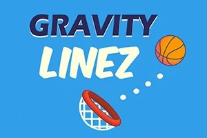 Teksti Gravity Linez sinisellä taustalla, koripallo ja kori näkyvät kuvassa