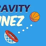 Teksti Gravity Linez sinisellä taustalla, koripallo ja kori näkyvät kuvassa