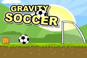 Jalkapallo ja maali vihreällä kentällä, taustalla aurinko ja vuoria, sekä teksti GRAVITY SOCCER