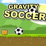 Jalkapallo ja maali vihreällä kentällä, taustalla aurinko ja vuoria, sekä teksti GRAVITY SOCCER
