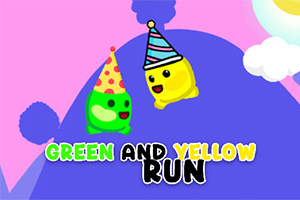 Kaksi iloista, värikästä hahmoa juhlahatuissa vaaleanpunaisella ja sinisellä taustalla, otsikolla Green and Yellow Run