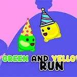 Kaksi iloista, värikästä hahmoa juhlahatuissa vaaleanpunaisella ja sinisellä taustalla, otsikolla Green and Yellow Run