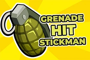 Värikäs piirros käsikranaatista ja teksti Grenade Hit Stickman keltaisella taustalla
