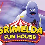 Violetti hahmo juoksee eteenpäin raidallisella lattialla, ympärillään pirtelöitä, ja etualalla on sirkusteltta-logo tekstillä Grimelda Fun House