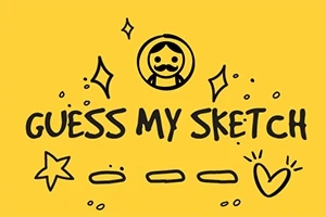 Keltainen tausta, jossa mustalla piirretty teksti Guess My Sketch, tähti, sydän ja ympyrässä hymyilevä piirroshahmo