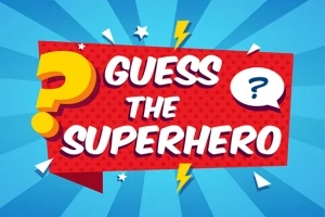 Kuvassa on värikäs sarjakuvatyylinen tausta, jossa on iso kysymysmerkki sekä teksti Guess the Superhero