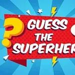 Kuvassa on värikäs sarjakuvatyylinen tausta, jossa on iso kysymysmerkki sekä teksti Guess the Superhero