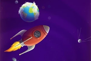 Punainen raketti lentää avaruudessa, taustalla näkyy maapallo ja tähtiä