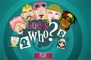 Eri tyylikkäästi pukeutuneiden ja erinäköisten sarjakuvamaisia hahmoja turkoosilla taustalla, joissa keskellä teksti Guess Who?