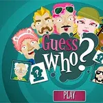 Eri tyylikkäästi pukeutuneiden ja erinäköisten sarjakuvamaisia hahmoja turkoosilla taustalla, joissa keskellä teksti Guess Who?