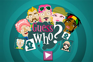 Eri tyylisiä piirrettyjä hahmoja vihreällä taustalla tekstin Guess Who?