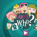 Eri tyylisiä piirrettyjä hahmoja vihreällä taustalla tekstin Guess Who?