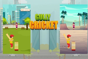 Kuvassa kaksi nuorta, jotka pelaavat krikettiä kaupungin ja rannan taustalla, keskellä teksti Gully Cricket