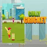 Kuvassa kaksi nuorta, jotka pelaavat krikettiä kaupungin ja rannan taustalla, keskellä teksti Gully Cricket