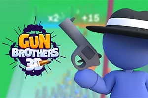 Sininen piirroshahmo, jolla on mustavalkoinen hattu ja kädessä harmaa pistooli; taustalla Gun Brothers 3D -teksti värikkäällä taustalla