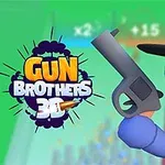 Sininen piirroshahmo, jolla on mustavalkoinen hattu ja kädessä harmaa pistooli; taustalla Gun Brothers 3D -teksti värikkäällä taustalla