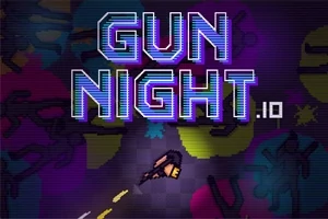 Kuvassa on neonväreillä valaistu teksti GUN NIGHT violetilla taustalla, jossa on hahmo ase kädessä