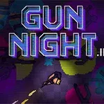 Kuvassa on neonväreillä valaistu teksti GUN NIGHT violetilla taustalla, jossa on hahmo ase kädessä