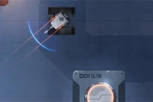 Robottimainen laite leijuu sinisellä taustalla kohti bonus-merkittyä kohdetta