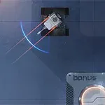 Robottimainen laite leijuu sinisellä taustalla kohti bonus-merkittyä kohdetta