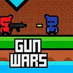 Punainen hahmo aseella kohtaa sinisen hahmon, jossa lukee GUN WARS pikselitaideympäristössä