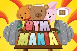 Kolme sarjakuvamaista eläintä, koira, karhu ja kani, punaisella ja keltaisella taustalla ison painon kanssa, sekä teksti GYM MANIA