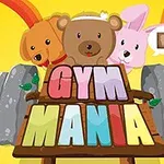 Kolme sarjakuvamaista eläintä, koira, karhu ja kani, punaisella ja keltaisella taustalla ison painon kanssa, sekä teksti GYM MANIA
