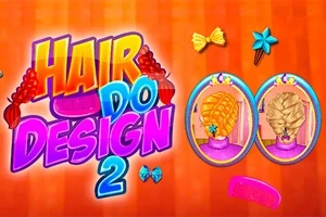 Värikäs kampausteemainen kuva, jossa on teksti Hair Do Design 2, kaksi koristeltua lettikuvaa ja erivärisiä hiuskoristeita oranssilla taustalla
