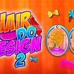 Värikäs kampausteemainen kuva, jossa on teksti Hair Do Design 2, kaksi koristeltua lettikuvaa ja erivärisiä hiuskoristeita oranssilla taustalla
