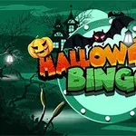Halloween-aiheinen kuva, jossa lukee Halloween Bingo, ympärillä kurpitsoja, lepakoita ja pimeä kartanohautausmaa