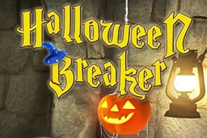Keltainen teksti Halloween Breaker, kurpitsa, ja lyhty hämärässä tilassa