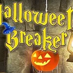 Keltainen teksti Halloween Breaker, kurpitsa, ja lyhty hämärässä tilassa