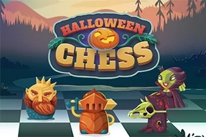 Halloween-teemaisia shakkipalikoita metsän taustalla, joissa on kurpitsa ja hirviöitä