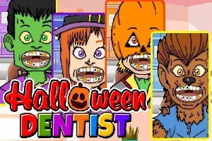 Neljä piirrettyä hahmoa, joilla on suuret hymyt ja hammasrautoja, sekä teksti Halloween Dentist
