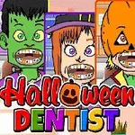 Neljä piirrettyä hahmoa, joilla on suuret hymyt ja hammasrautoja, sekä teksti Halloween Dentist
