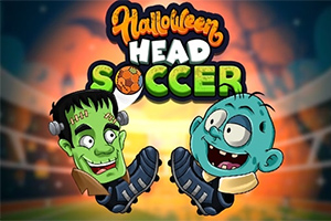 Kaksi piirrettyä hahmoa, joilla on suuret päät ja jalkapallokengät, sekä teksti Halloween Head Soccer kirkkaan värikkäällä taustalla