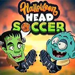 Kaksi piirrettyä hahmoa, joilla on suuret päät ja jalkapallokengät, sekä teksti Halloween Head Soccer kirkkaan värikkäällä taustalla