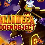 Kuvassa on Halloween-aiheisia elementtejä, kuten kurpitsoja, haamuja, noidan hattuja ja rakennuksen siluetti yön violetilla taustalla, keskellä teksti Halloween Hidden Object