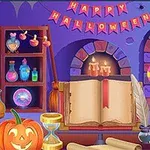 Avoin kirja noitamaisemassa, jossa on kurpitsa, kynttilöitä, taikajuomapulloja ja Happy Halloween -viiri